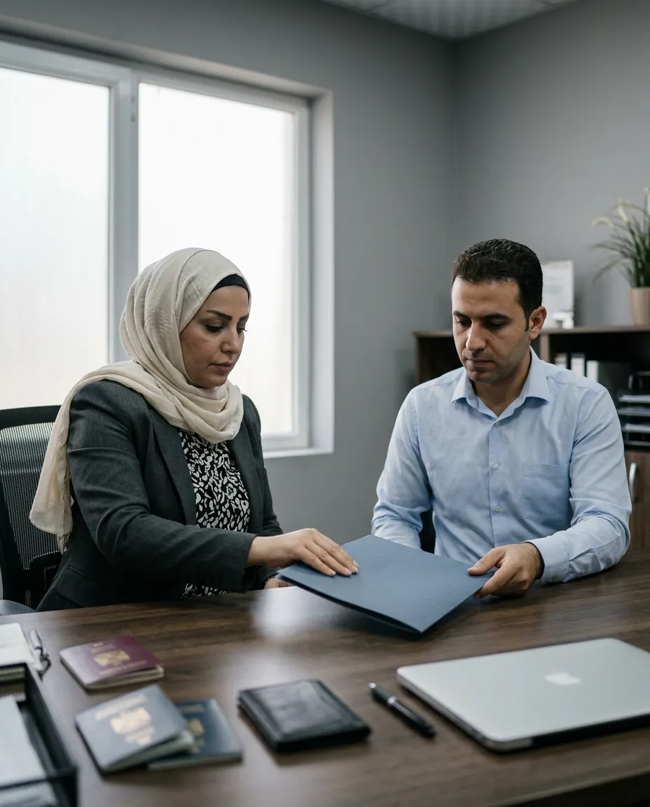 مسؤولة موارد بشرية تسلّم ملف عقد عمل لمهندس في مكتب في بغداد