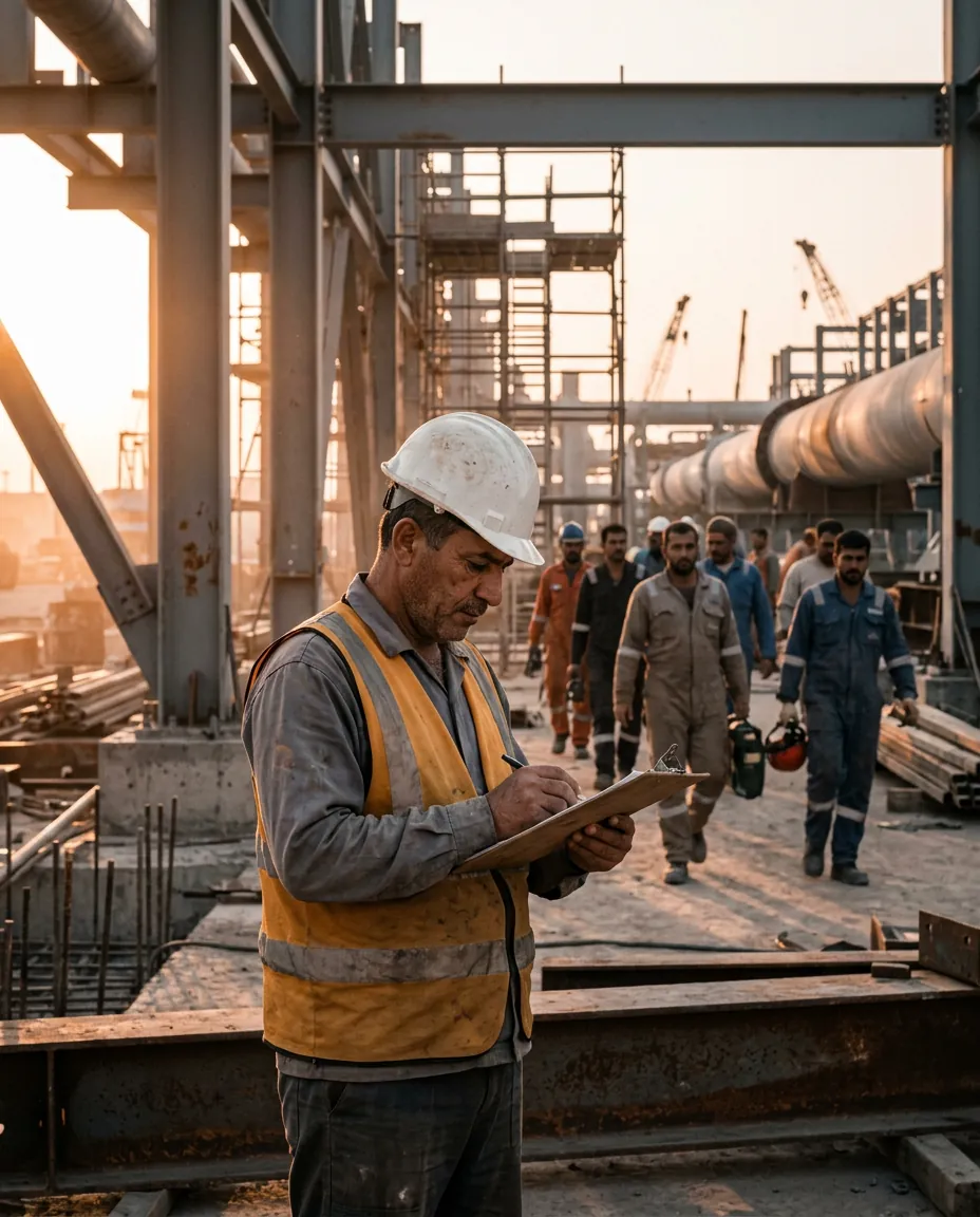 مشرف موقع يراجع قائمة الطاقم في موقع إنشاءات قرب البصرة